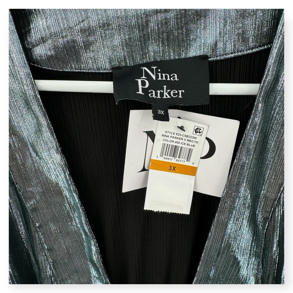 Nina Parker Metallic Jacket Womens Size 3X Tie Shiny Ice Blue Cardigan Party NEW - Picture 3 of 9